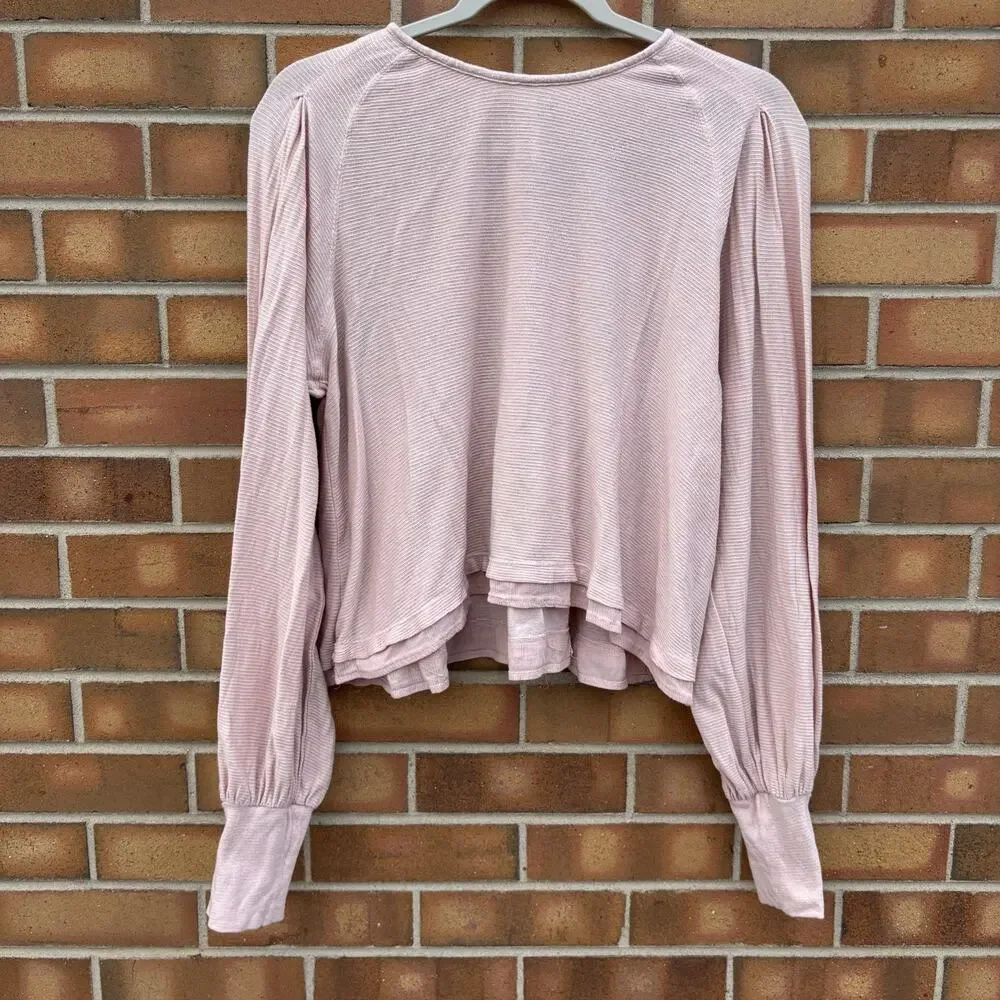 Free People Pink Long Sleeve Round Neck Ribbed Knit Billie Crop Top Womens M